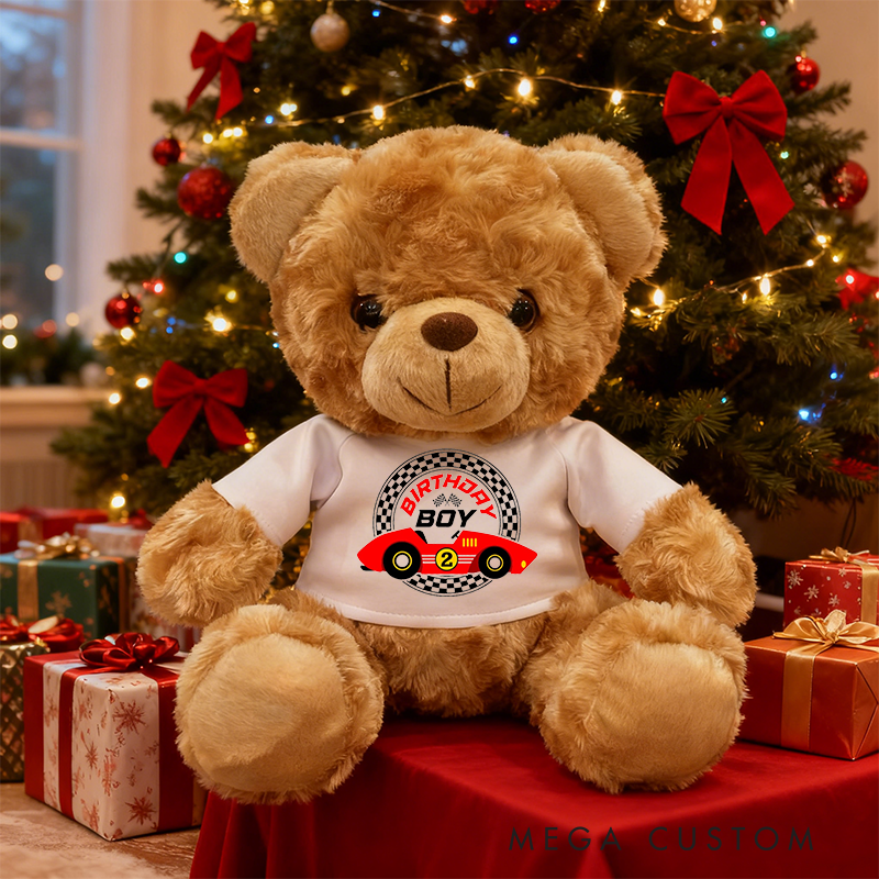 Personalized Birthday Boy Brown Bear Plush Toy Custom Racing Car Age Gift
