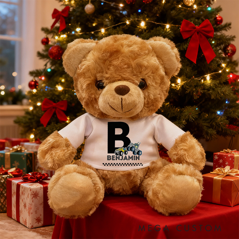 Personalized Initial Brown Bear Plush Toy Custom Name Monster Truck Gift