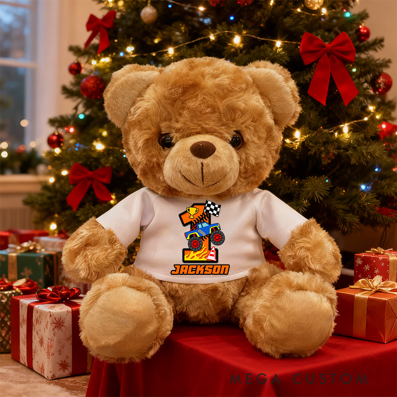 Personalized Monster Truck Brown Bear Plush Toy Custom Name Birthday Gift