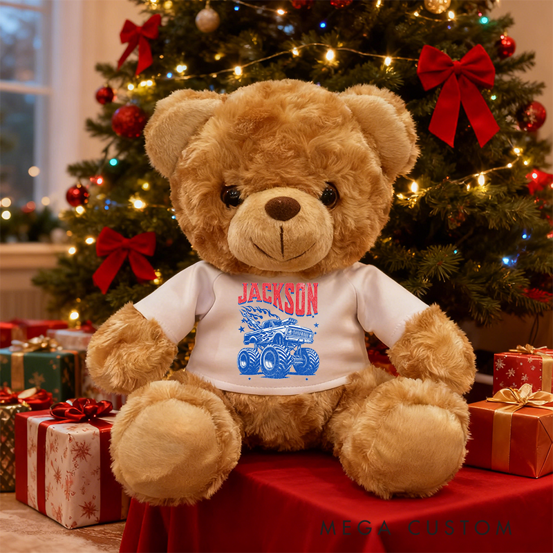 Personalized Monster Truck Brown Bear Plush Toy Custom Name Gift