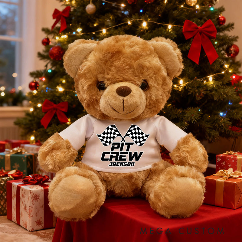 Personalized Pit Crew Brown Bear Plush Toy Custom Racing Vehicle Lover Gift