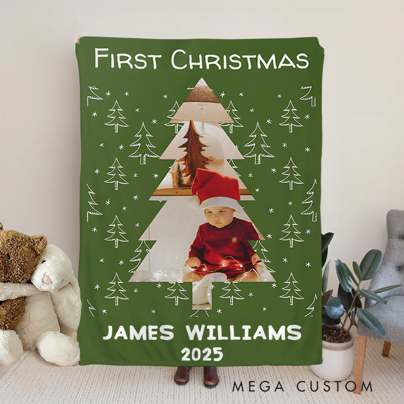 Personalized Photo Name Baby's First Christmas Green Baby Blanket