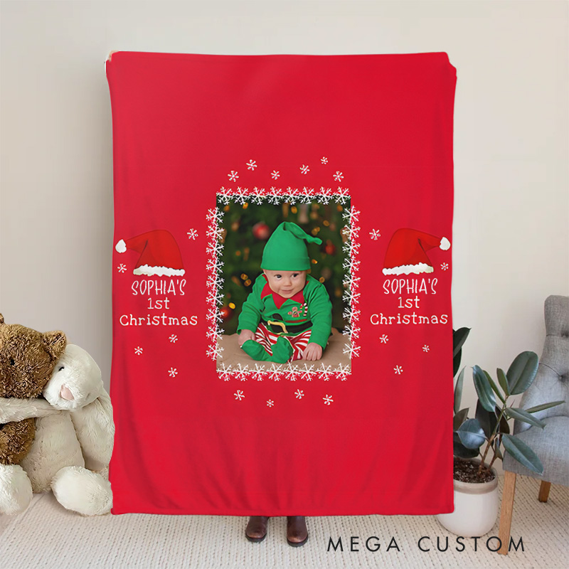 Personalized  Baby's First Christmas Santa Hat Snowflake Photo Baby Blanket