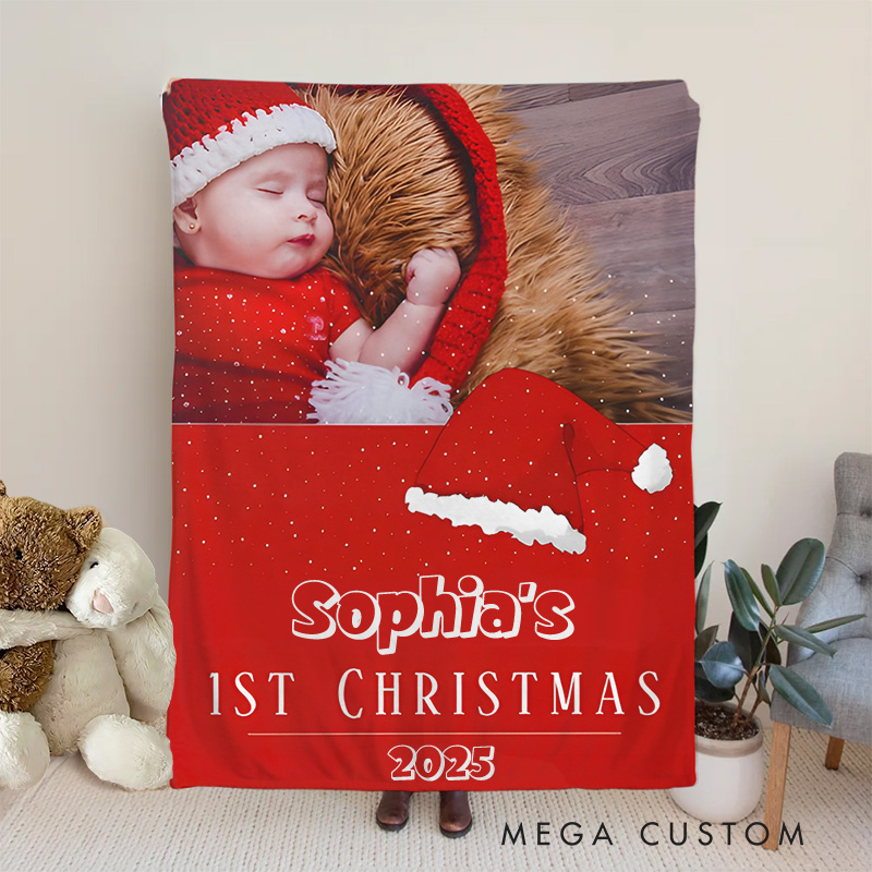 Personalized Baby's First Christmas Santa Hat Snowflakes Photo Baby Blanket
