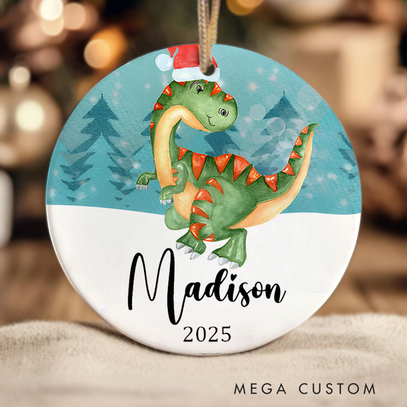 Personalized Dinosaur First Christmas Ornament Featuring Festive Holiday Cheer Christmas Ornament