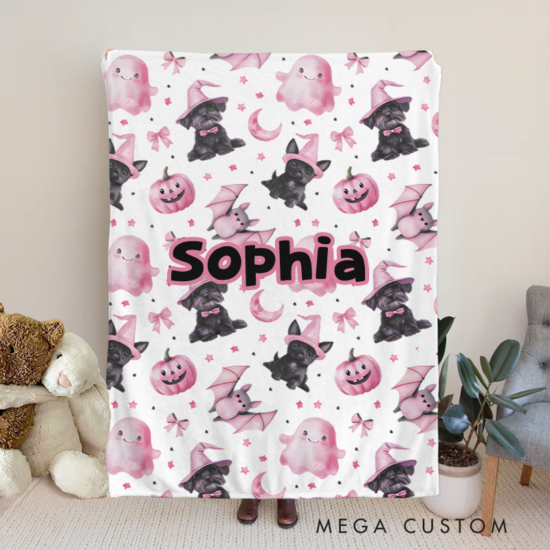 Personalized Adorable Baby Blanket Featuring Playful Witch Cats and Ghosts for Baby's First Halloween