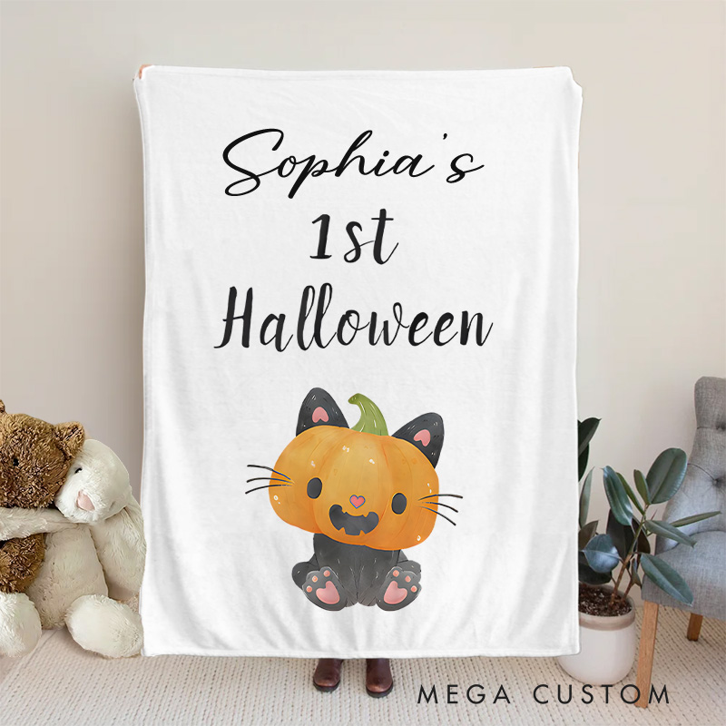 Personalized Baby Blanket for Baby's First Halloween with a Cute Pumpkin Cat for a Spooky Adventure
