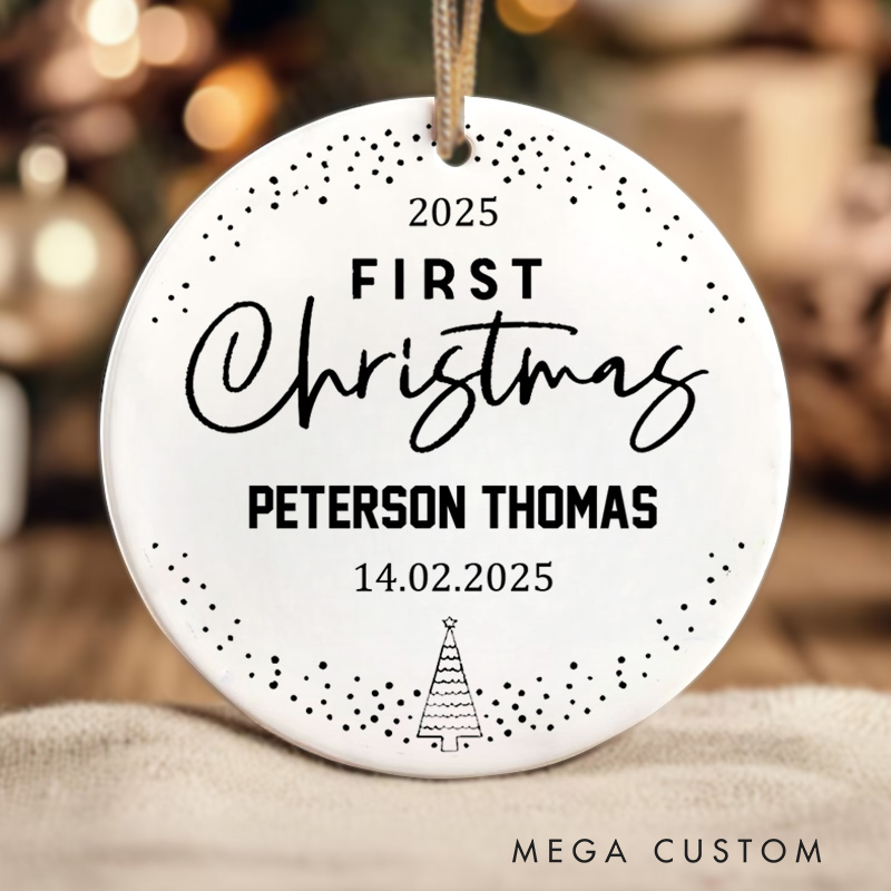 Personalized Elegant First Christmas Ornament Highlighting Joyful Holiday Spirit Christmas Ornament