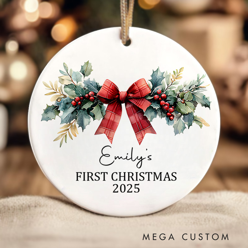 Personalized First Christmas Ornament Featuring Festive Bow and Holiday Wreath Christmas Ornament