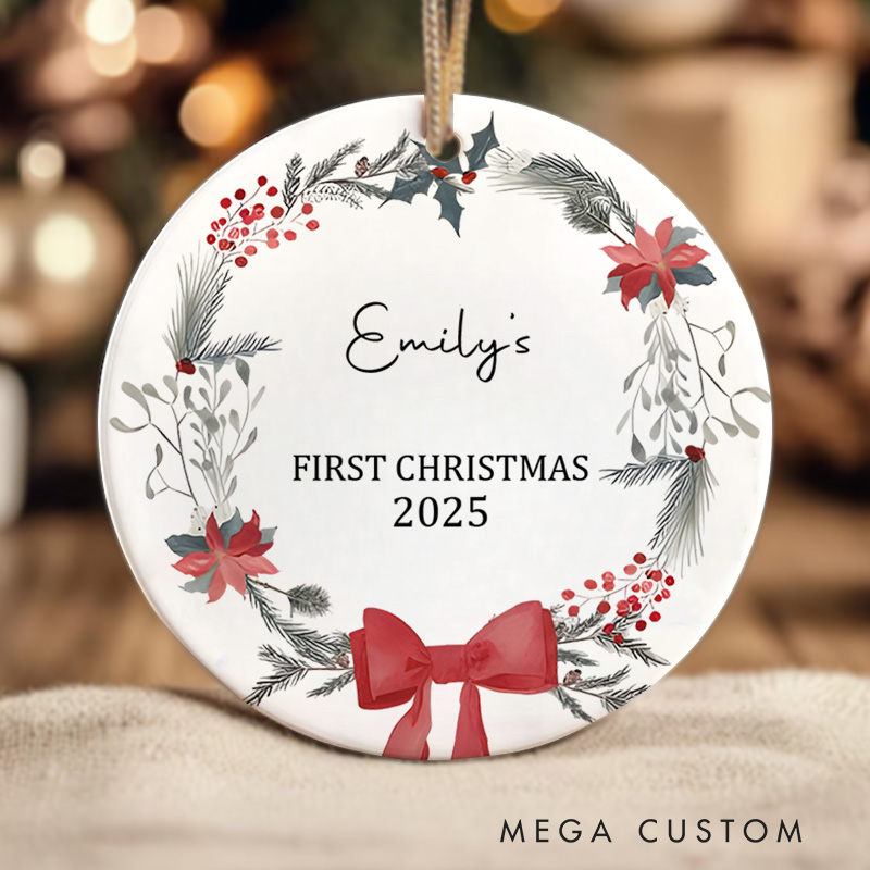 Personalized First Christmas Ornament Highlighting Elegant Bow and Floral Accents Christmas Ornament