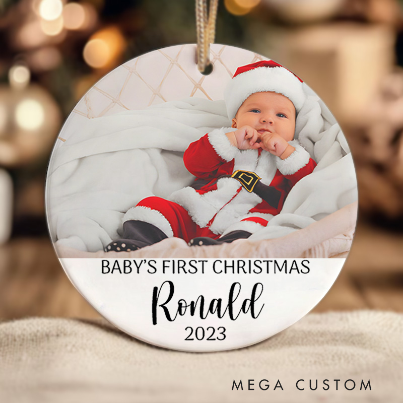 Personalized Baby's First Christmas Ornament Featuring Name and Festive Cheer Christmas Ornament