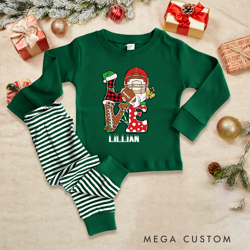 Personalized American Football Love Design Christmas Children's Pajamas with Custom Name