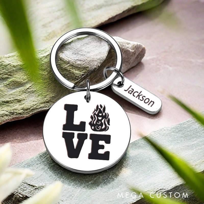 Personalized Stainless Steel Keychain with Love and Flame Design Gift for Firefighters and Loved Ones