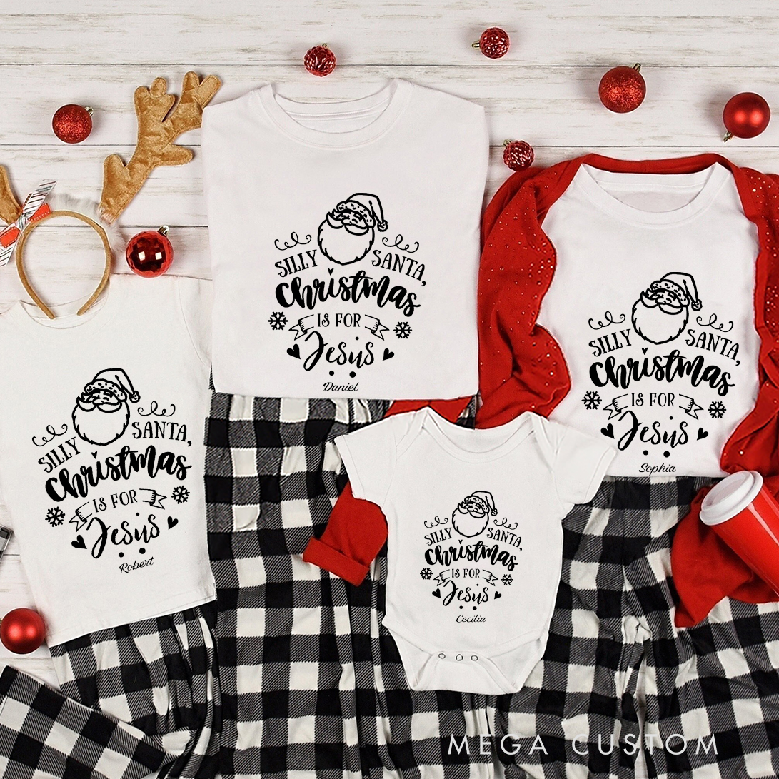 Personalized Silly Santa Nativity Christmas Family Matching Crew Neck T-Shirts with Name Religious Gift for Family