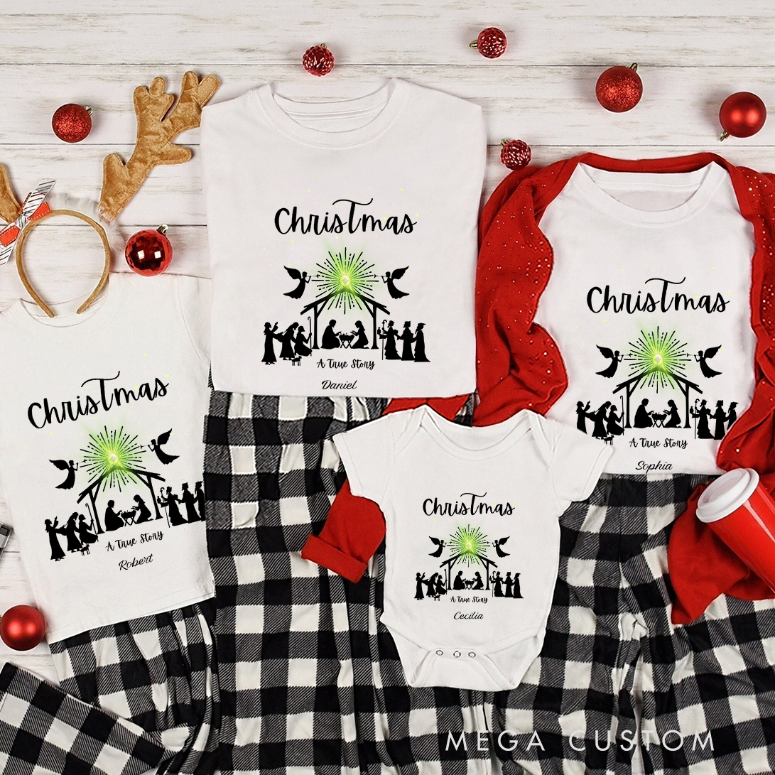Personalized True Story Star Christmas Family Matching Crew Neck T-Shirts with Name Christmas Gift Religious Gift for Christians 