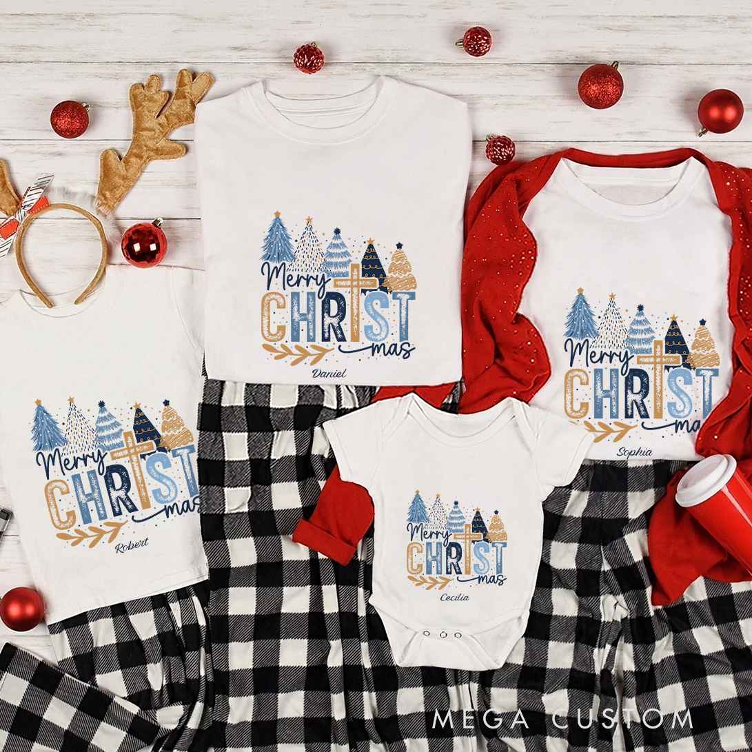 Personalized Blue Modern Trees Christmas Family Matching Crew Neck T-Shirts with Name Christmas Gift Religious Gift for Christians 