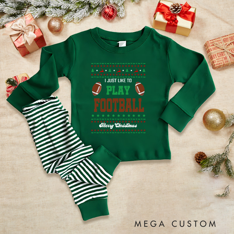 Personalized American Football "I JUST LIKE PLAY FOOTBALL " Christmas Children's Pajamas with Custom Text