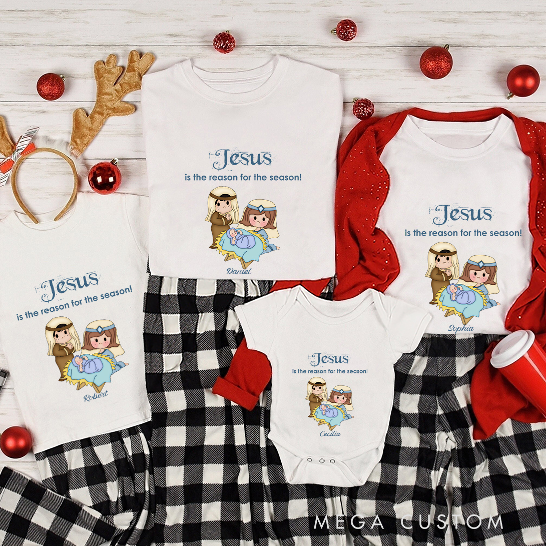 Personalized Christmas Jesus is the Reason Family Matching Crew Neck T-Shirts with Name Religious Gift for Family