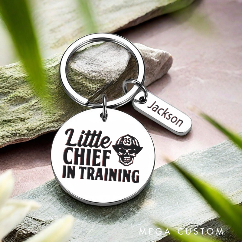 Personalized Stainless Steel Keychain with Little Chief in Training Skull Design Gift for Future Firefighters