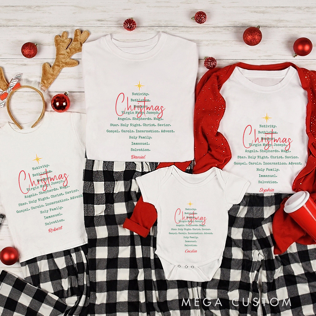 Personalized Christian Faith Jesus Religious Christmas Family Matching Crew Neck T-Shirts with Name Religious Gift for Family