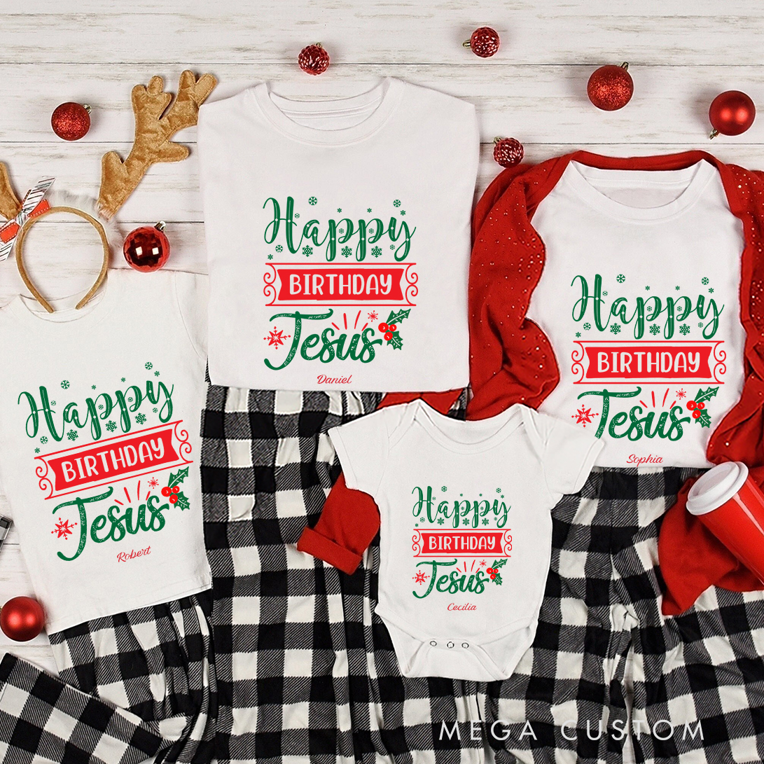 Personalized Festive Happy Birthday Jesus Christmas Family Matching Crew Neck T-Shirts with Name Religious Gift for Family