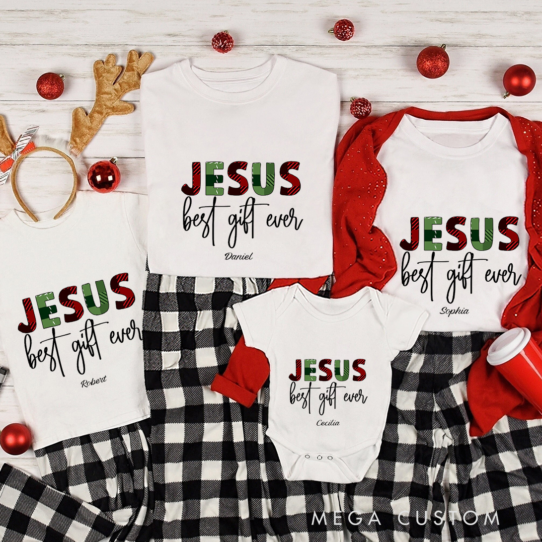 Personalized Jesus is the Best Gift Ever Christmas Family Matching Crew Neck T-Shirts with Name Religious Gift for Family