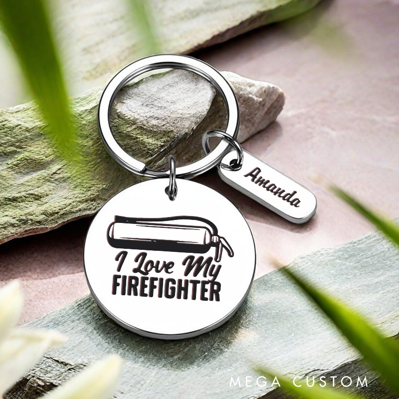 Personalized Stainless Steel Keychain with I Love My Firefighter Design Heartwarming Gift for Firefighter Partners