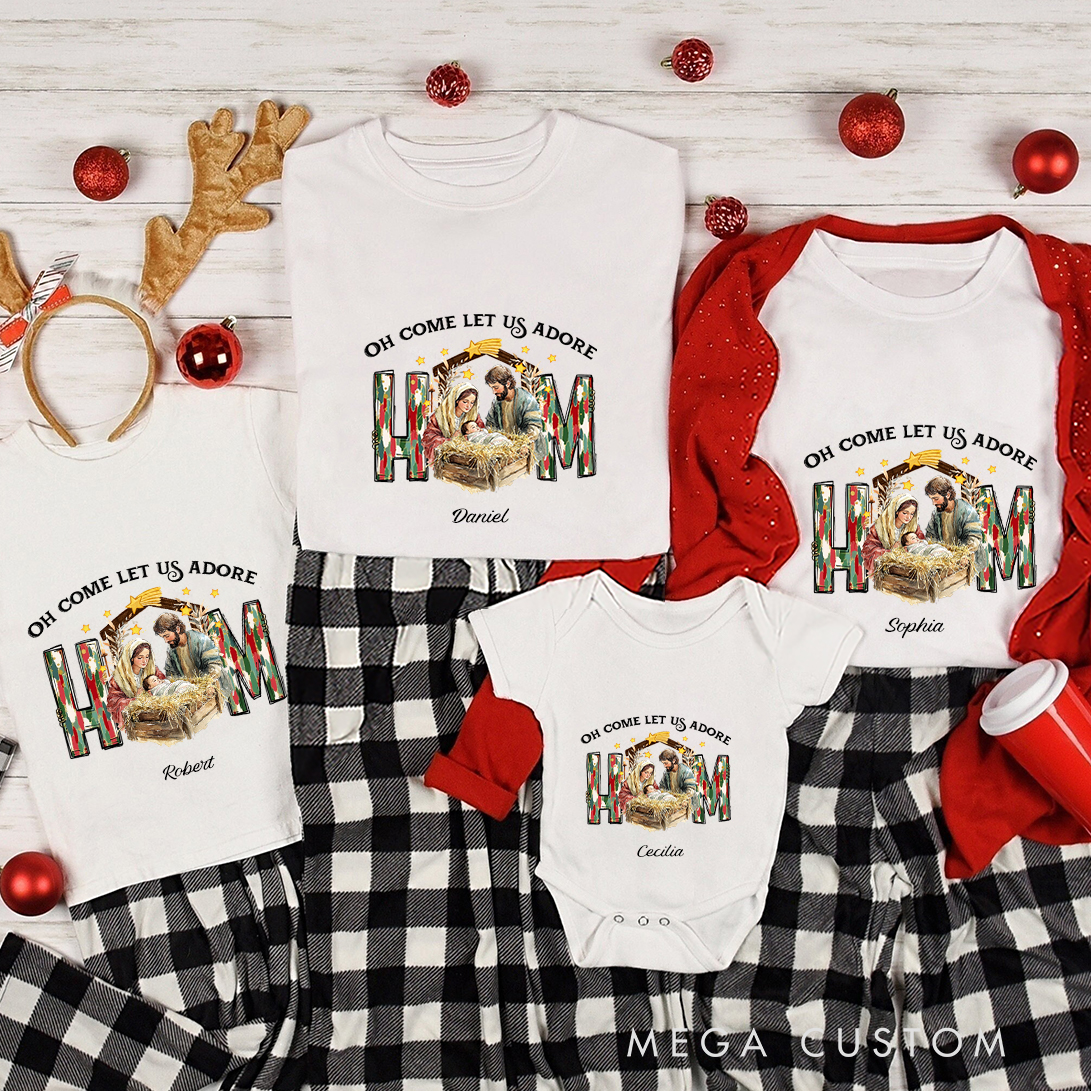 Personalized Oh Come Let Us Adore Him Coquette Jesus Christmas Family Matching Crew Neck T-Shirts with Name Religious Gift for Family