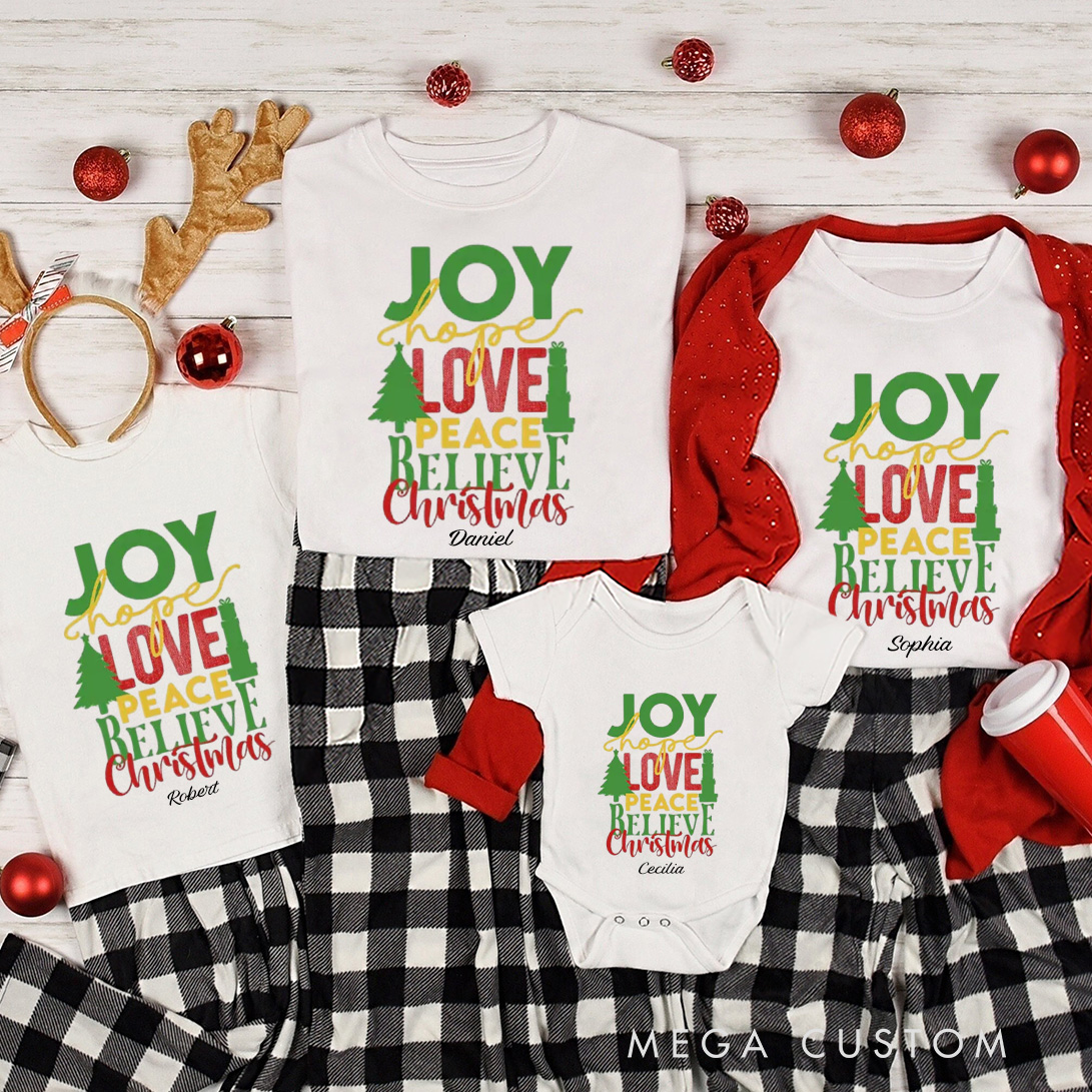 Personalized Joy Hope Love Peace Believe Family Matching Cotton T-Shirts with Name Religious Gift Christmas Gift for Family