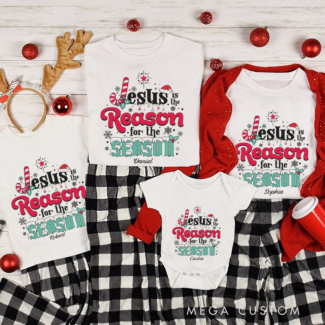 Personalized Jesus is the Reason for the Season Family Matching Cotton T-Shirts with Name Religious Gift Christmas Gift
