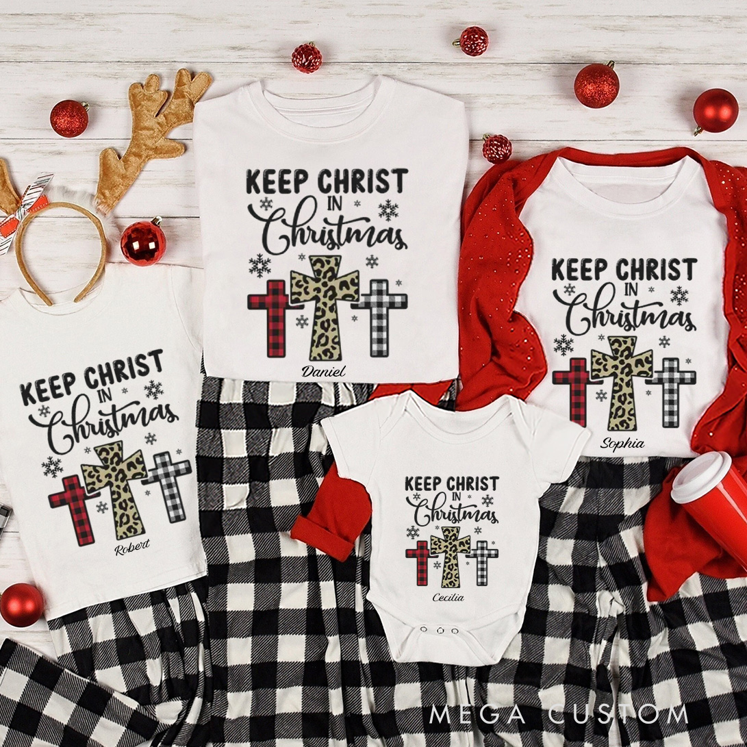 Personalized Keep Christ in Christmas Three Crosses Family Matching Cotton T-Shirts with Name Religious Gift Christmas Gift for Family