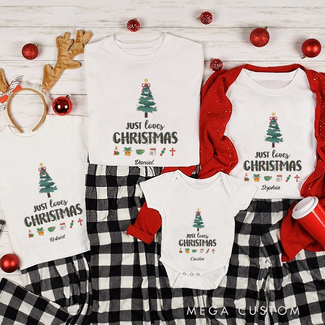 Personalized Just Loves Christmas Cross Family Matching Cotton T-Shirts with Name Religious Gift Christmas Gift for Family