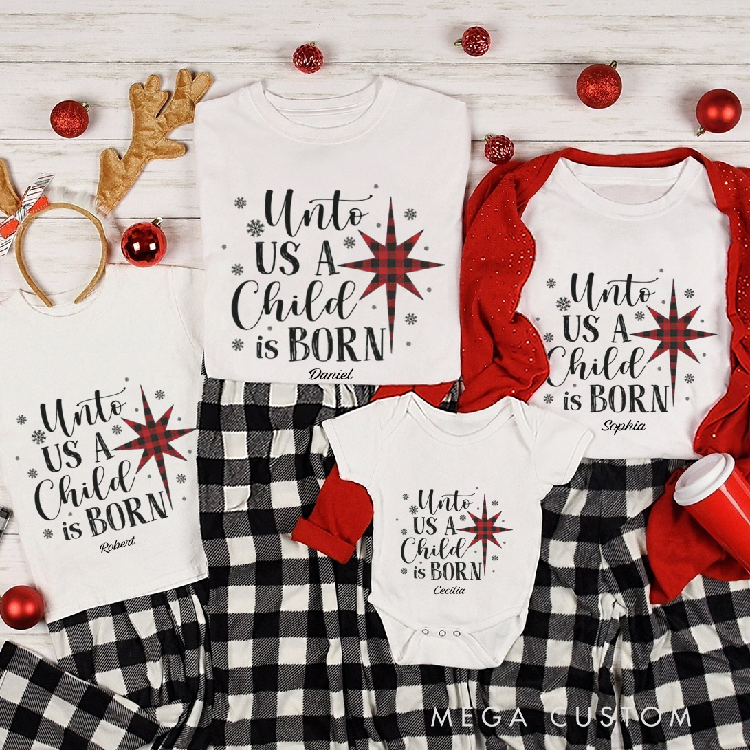 Personalized unto us a Child is Born Family Matching Cotton T-Shirts with Name Religious Gift Christmas Gift for Family