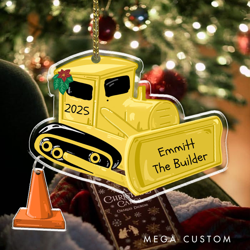 Personalized Construction Vehicle Christmas Ornaments Featuring Baby's Name the Builder for a Festive Holiday Touch