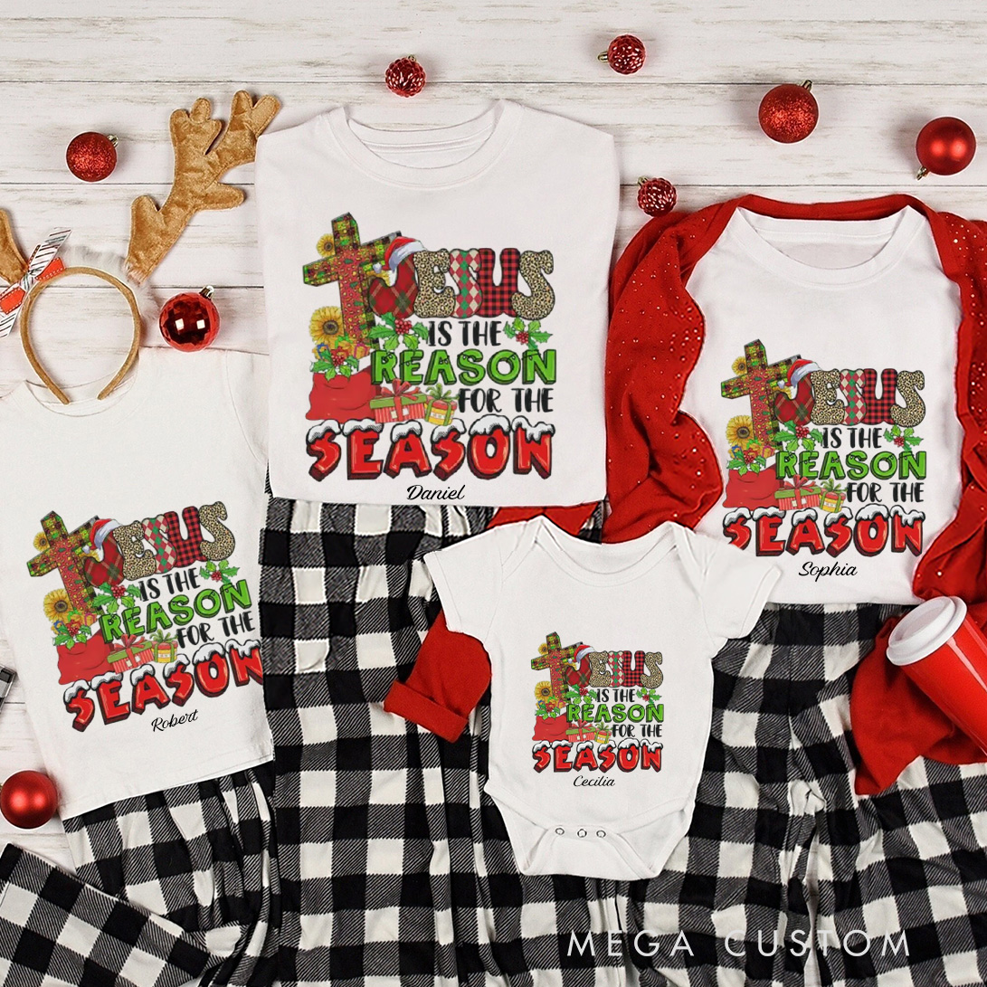 Personalized Jesus is the Reason for the Season with Cross Family Matching Cotton T-Shirts with Name Religious Gift Christmas Gift for Family