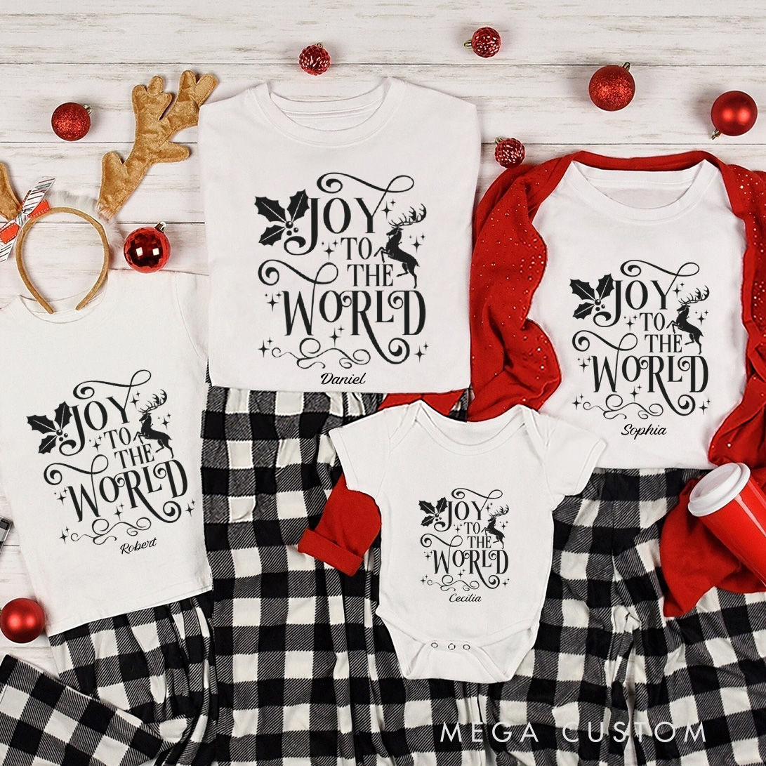 Personalized Joy to the World Family Matching Cotton T-Shirts with Name Religious Gift Christmas Gift for Family