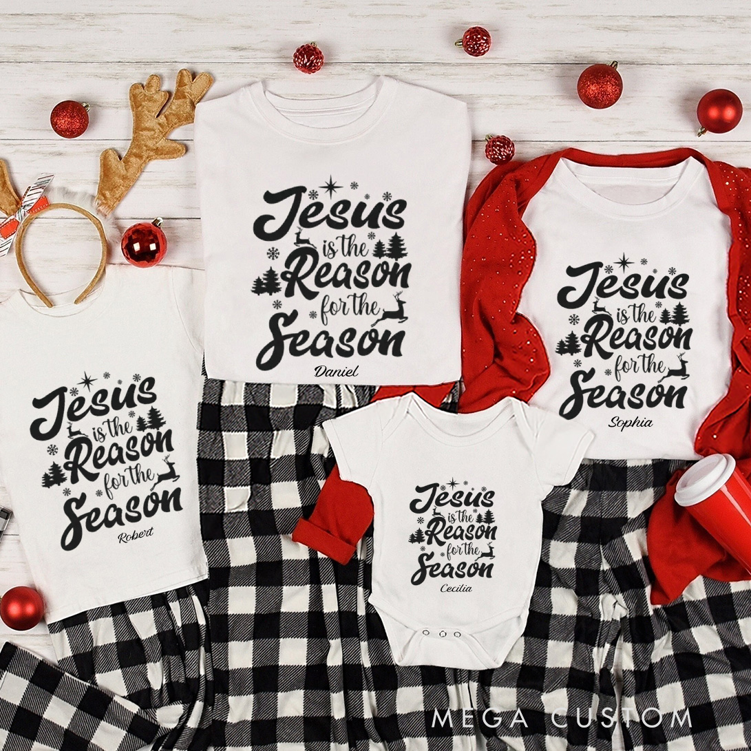 Personalized Jesus is the Reason for the Season Family Matching Cotton T-Shirts with Name Christian Gift Christmas Gift for Family