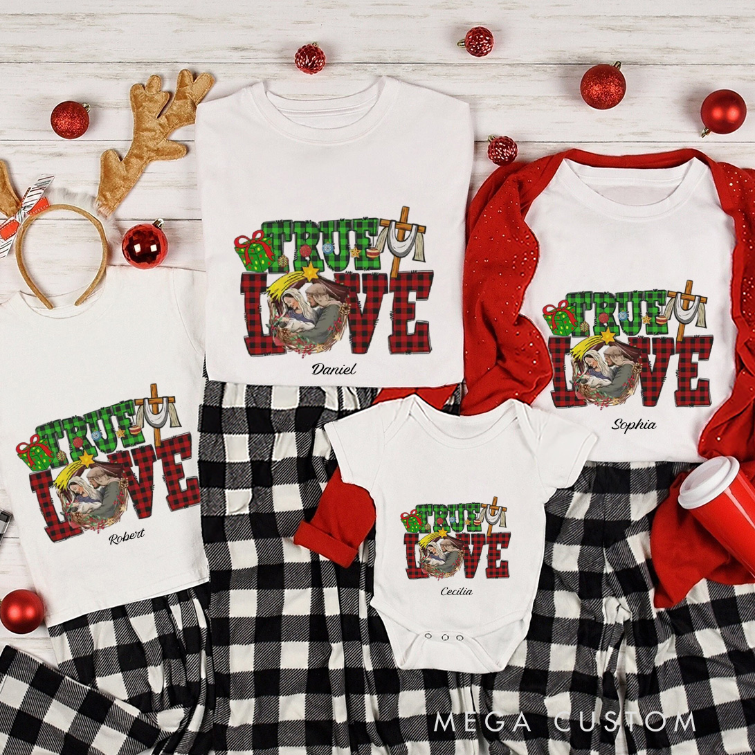 Personalized True Love Buffalo Plaid Family Matching Cotton T-Shirts with Name Religious Gift Christmas Gift for Family
