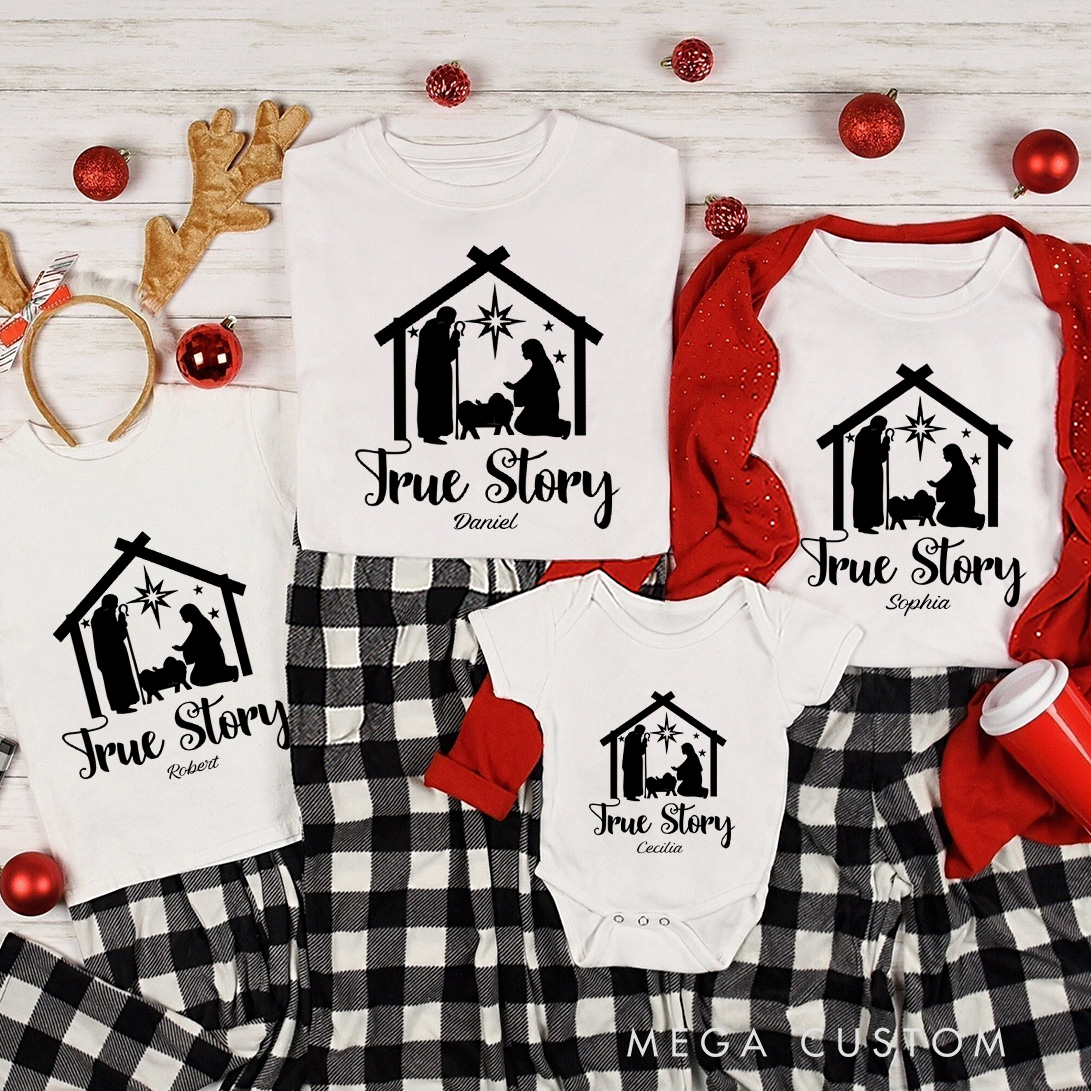 Personalized Nativity Jesus Scene True Story Family Matching Cotton T-Shirts with Name Religious Gift Christmas Gift for Family