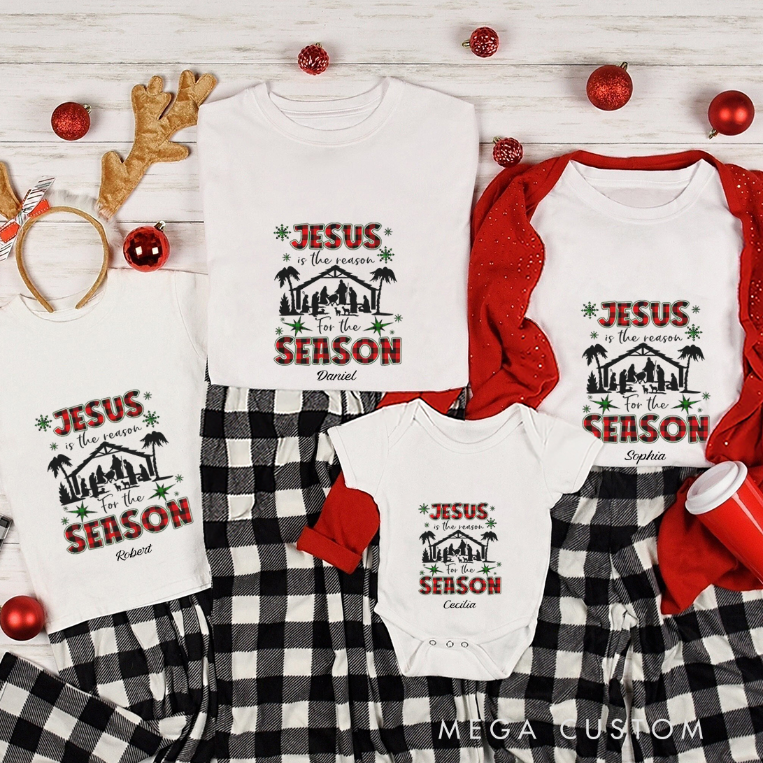 Personalized Black Red Christmas Jesus Is the Reason for the Season Family Matching Crew Neck T-Shirts with Name Christmas Gift Religious Gift