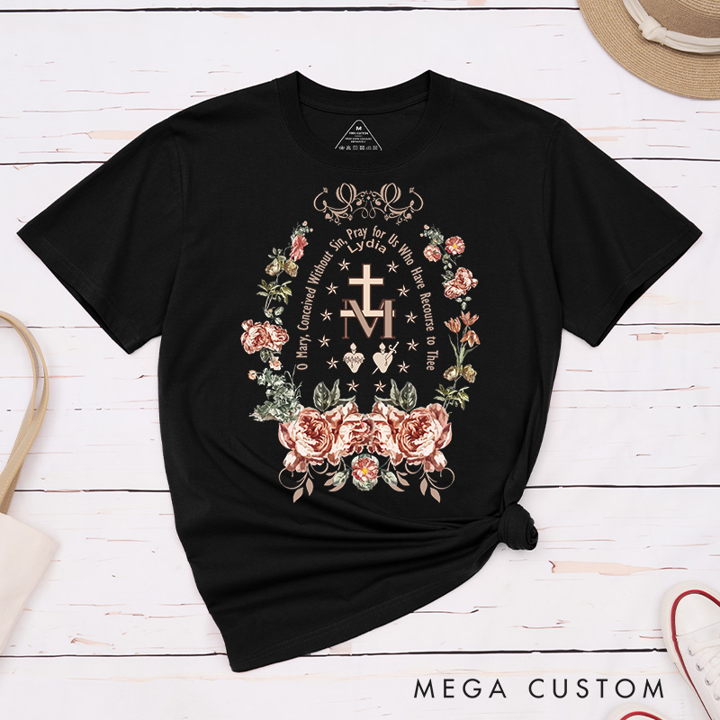 Personalized Virgin Mary Classic T-Shirt with Floral Wreath Cotton Shirt Catholic Gift Easter Christmas Gift for Women 
