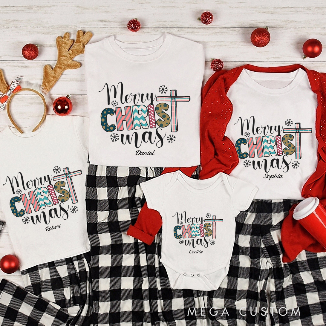 Personalized Cross Merry Christmas Family Matching Cotton T-Shirts with Name Religious Gift Christmas Gift for Family