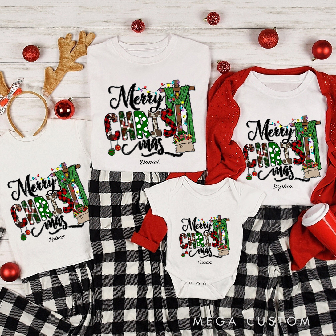 Personalized Merry Christmas Family Matching Cotton T-Shirts with Name Religious Gift Christmas Gift for Family Faith Gift