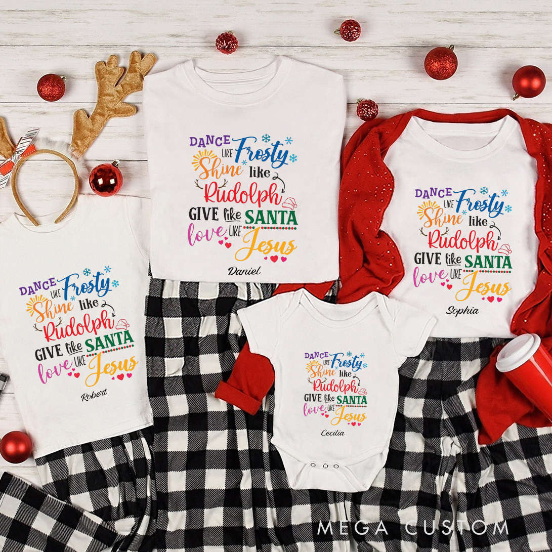 Personalized Dance Like Frosty Love Jesus Family Matching Cotton T-Shirts with Name Religious Gift Christmas Gift for Family