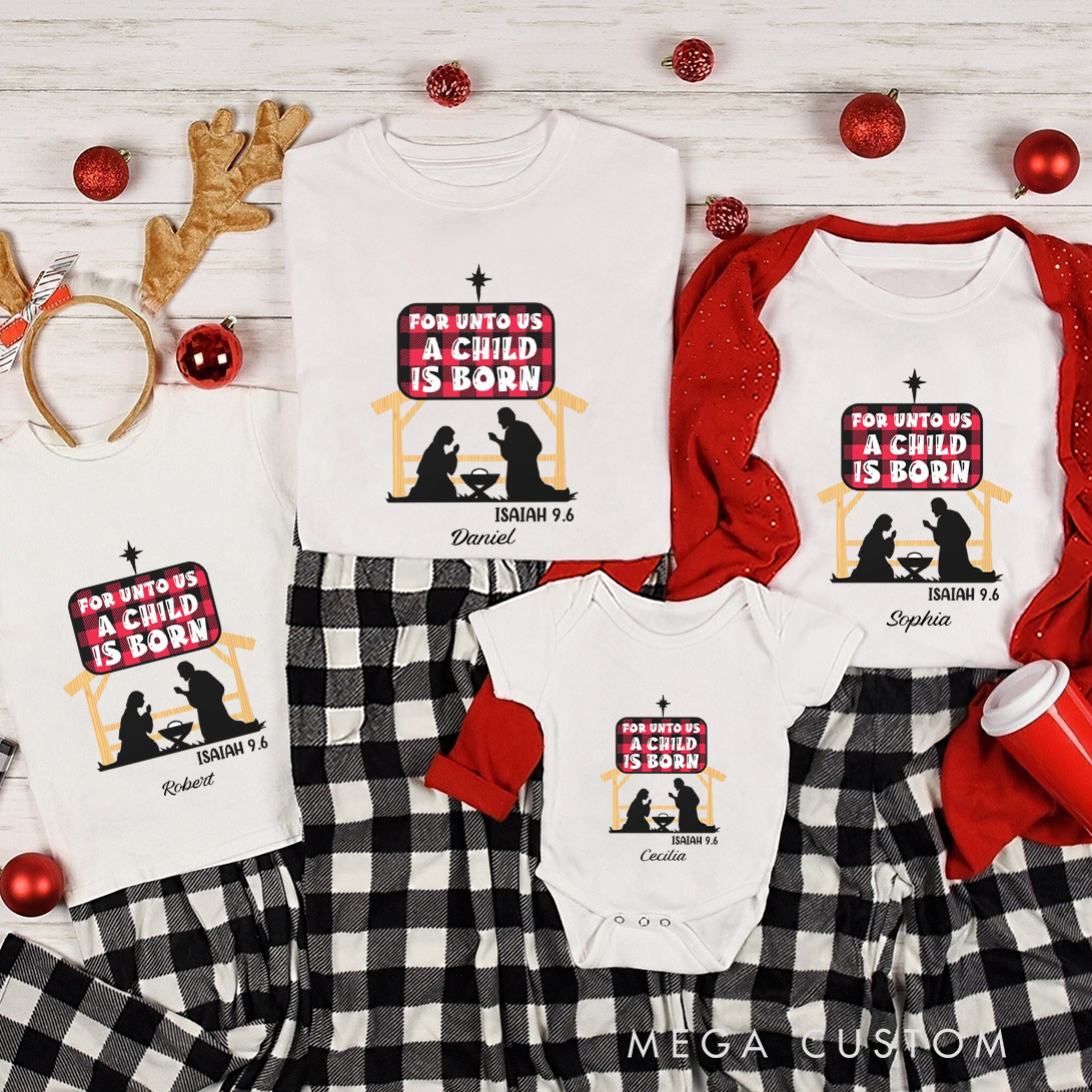 Personalized for unto us a Child is Born Isaiah 9:6 Family Matching Cotton T-Shirts with Name Religious Gift Christmas Gift for Family