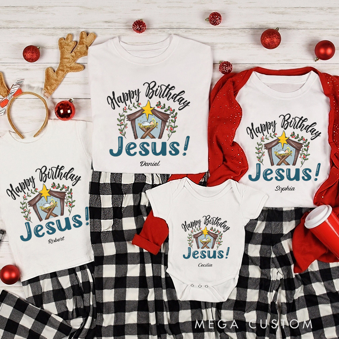 Personalized Happy Birthday Jesus Family Matching Cotton T-Shirts with Name Religious Gift Christmas Gift for Family