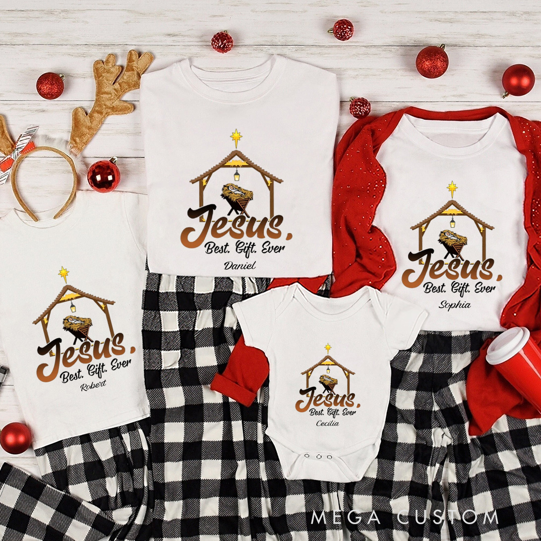 Personalized Jesus in a Manger Family Matching Cotton T-Shirts with Name Religious Gift Christmas Gift for Family