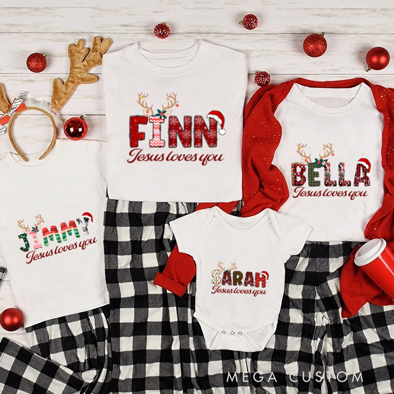 Personalized Jesus Loves you Family Matching Cotton T-Shirts with Name Religious Gift Christmas Gift for Family