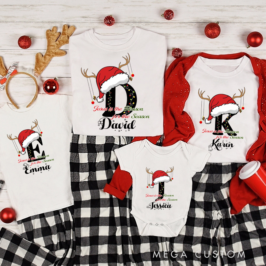 Personalized Jesus is the Reason for the Season Family Matching Cotton T-Shirts with Name Christian Gift Christmas Gift for Family