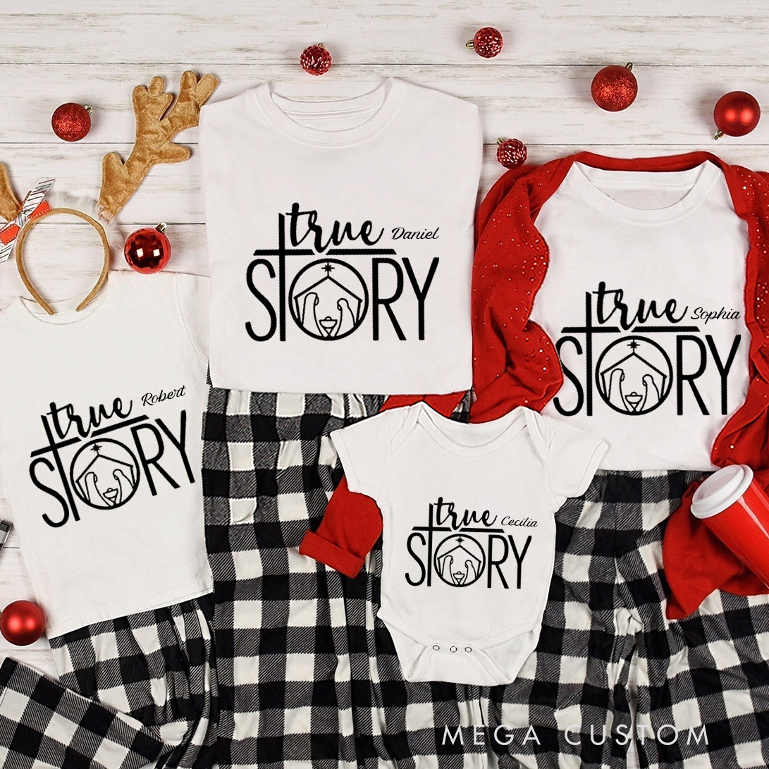 Personalized True Story Cross Nativity Scene Family Matching Christmas T-Shirt with Name Christmas Gift For Christian